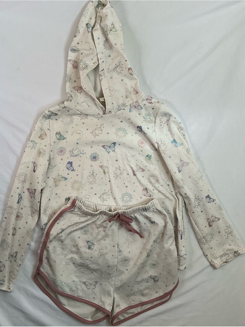 Elsa and Emma SET Girls' Cream Hooded Pullover with Pastel Butterfly Print